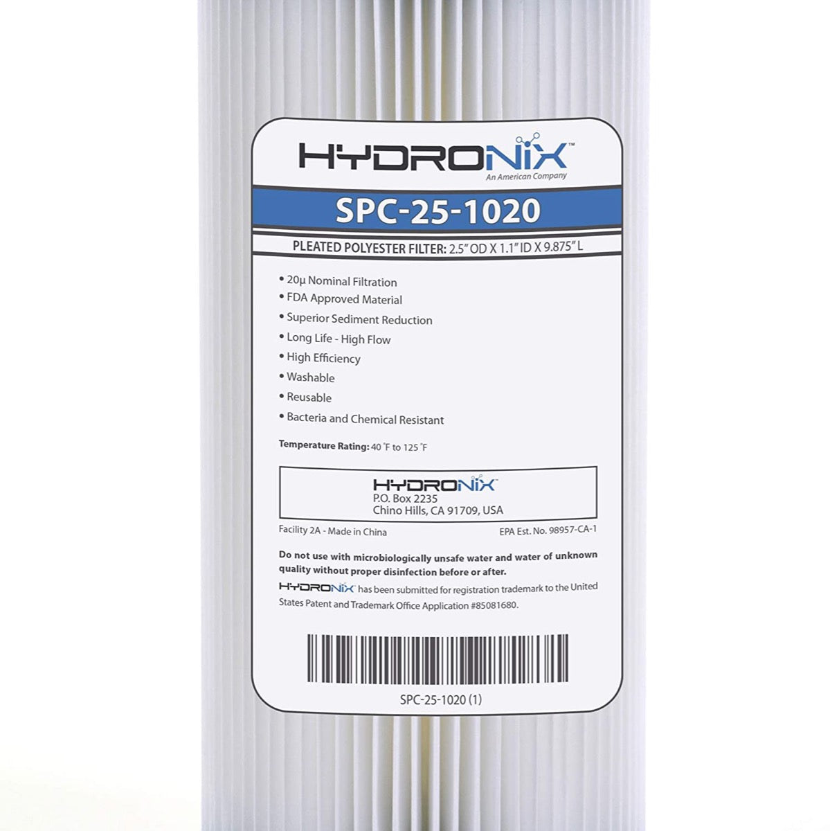 Hydronix Pleated Sediment Water Filter - 10 Micron - 2-1/2 x 9-7/8 inch - SPC-25-1010