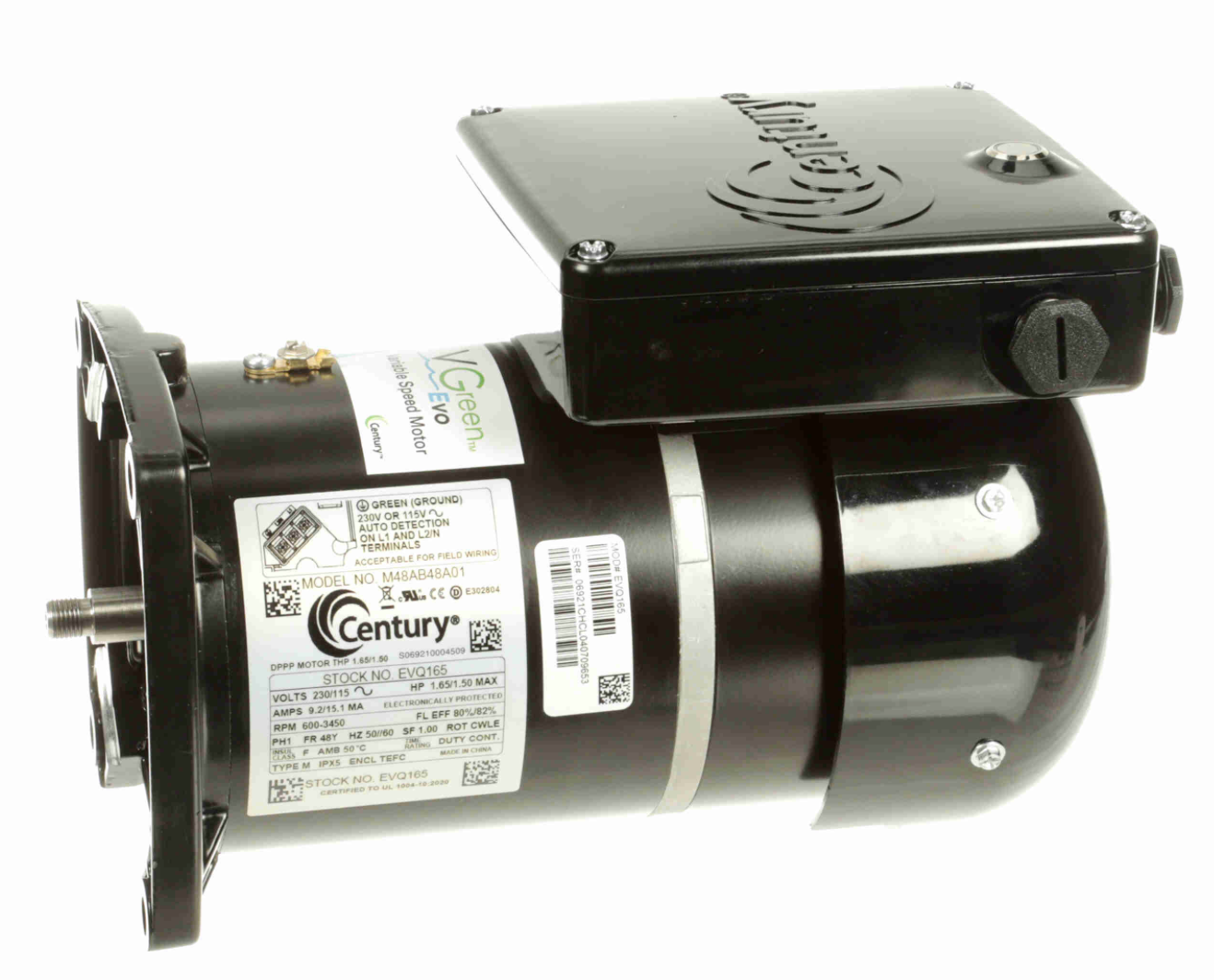 Century Electric VGREEN EVO - EVQ130 - Variable Speed Pool Pump Motor - 48Y Frame - Square Flange - 1.3 HP - 115/230 Volt