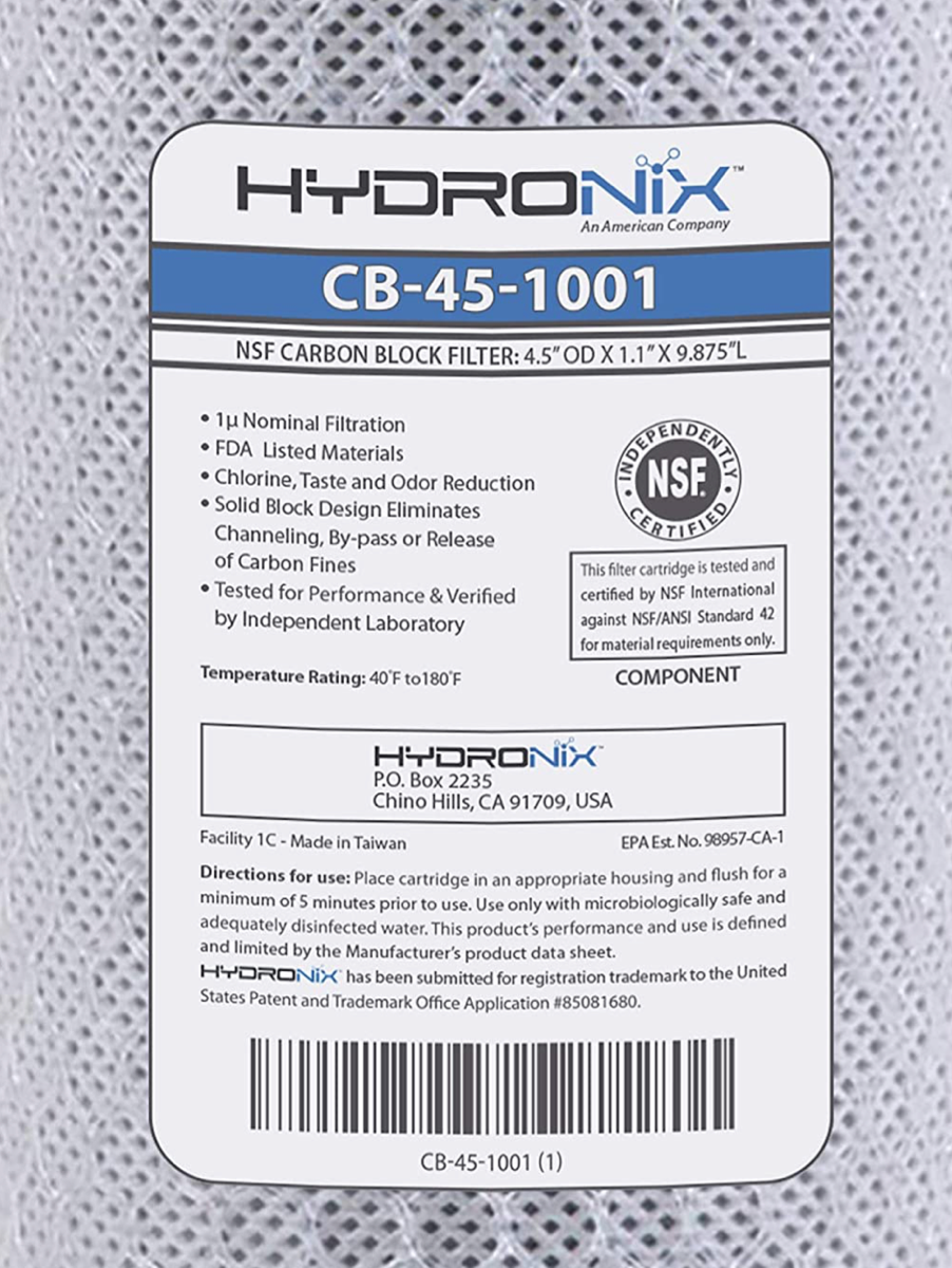 Hydronix Carbon Block Filter - 1 micron - 4-1/2 x 9-7/8 - CB-45-1001