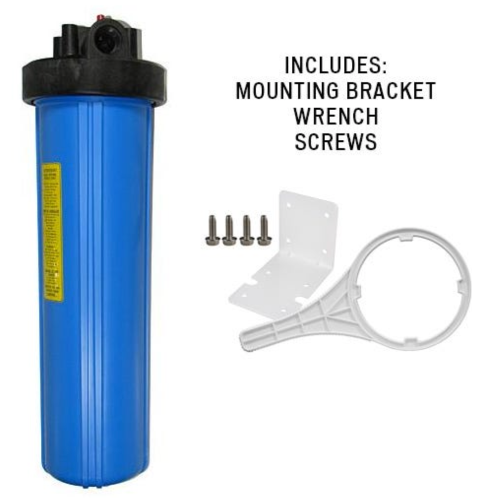 Watts Filter housing, 4.5 x 20 - big blue sump - 1 inch in/out, with bracket w/ wrench