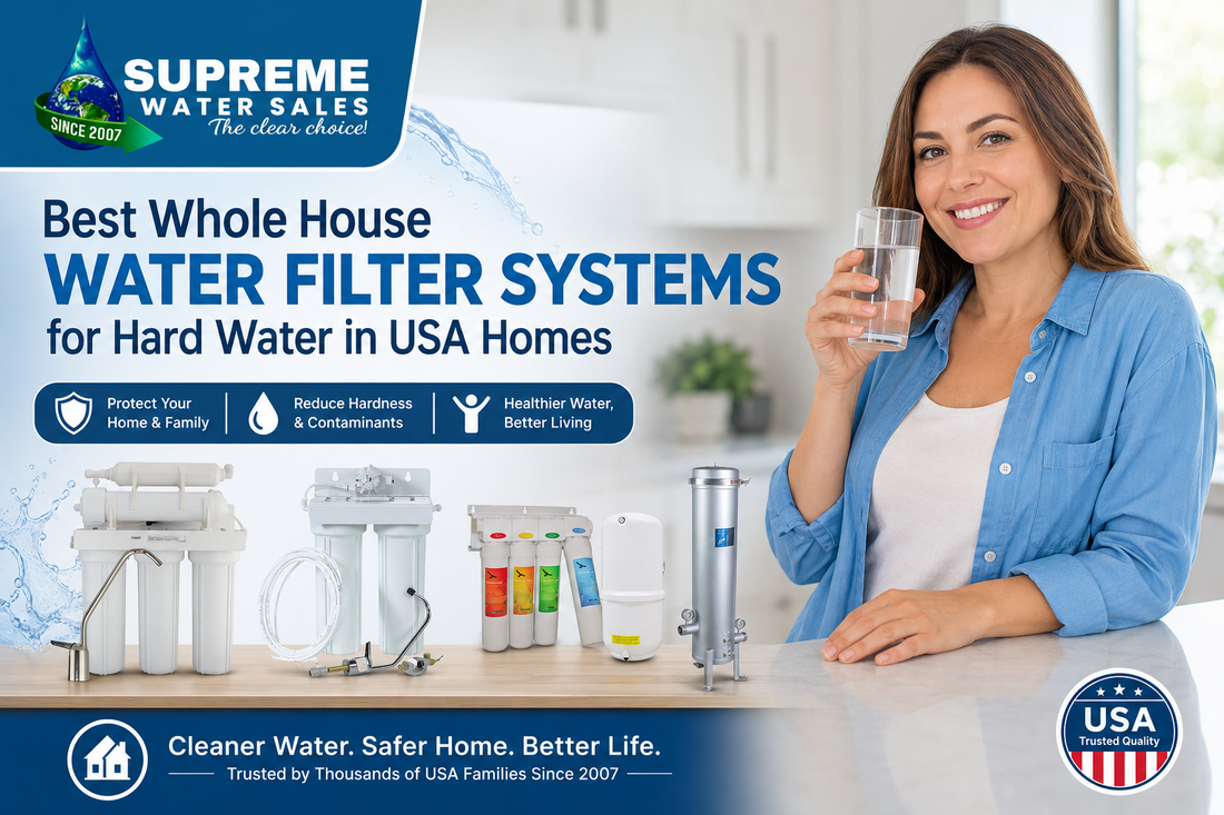 Whole house water filter systems for hard water with filtration units and a woman holding a glass of clean water.