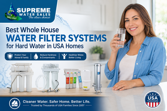 Whole house water filter systems for hard water with filtration units and a woman holding a glass of clean water.