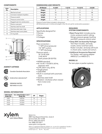 Goulds SJ10 Vertical Deep Well Jet Pump - 1HP - Replacing the VJ10 pump (discontinued)