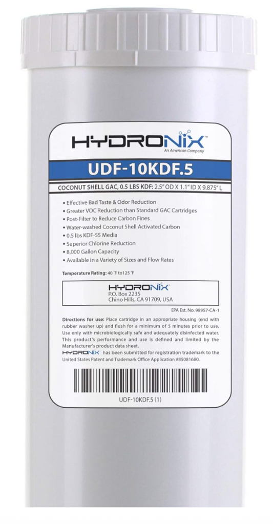 Hydronix UDF Series Granular Activated Carbon (GAC) Media Filter + 0.5 lbs KDF - 2.5 x 10 inch - UDF-10KDF.5