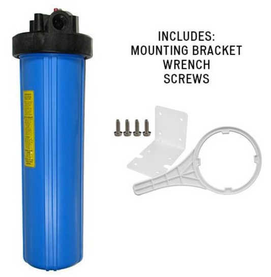 Watts Filter housing, 4.5 x 20 - big blue sump - 1 inch in/out, with bracket w/ wrench